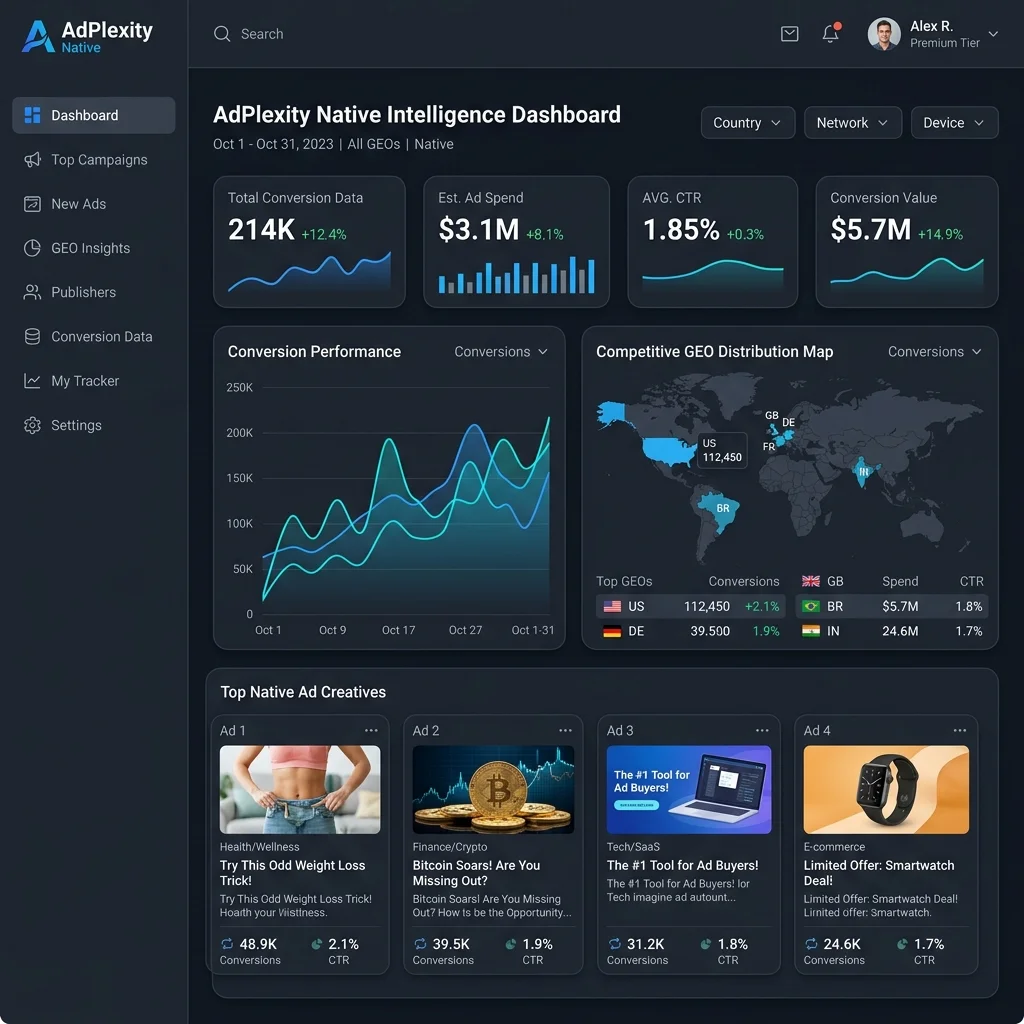 AdPlexity dashboard of the native ads spy tool