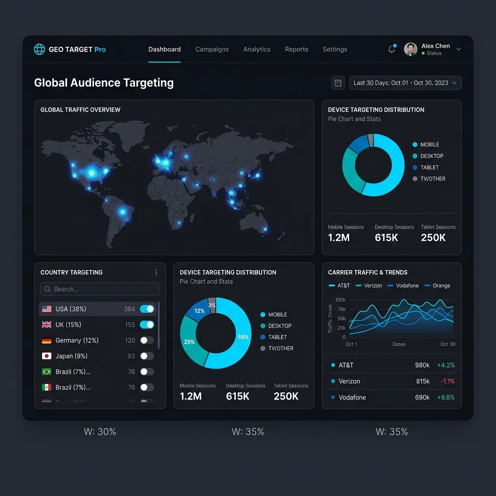 SaaS dashboard displaying global GEO targeting maps and carrier statistics inside Anstrex review