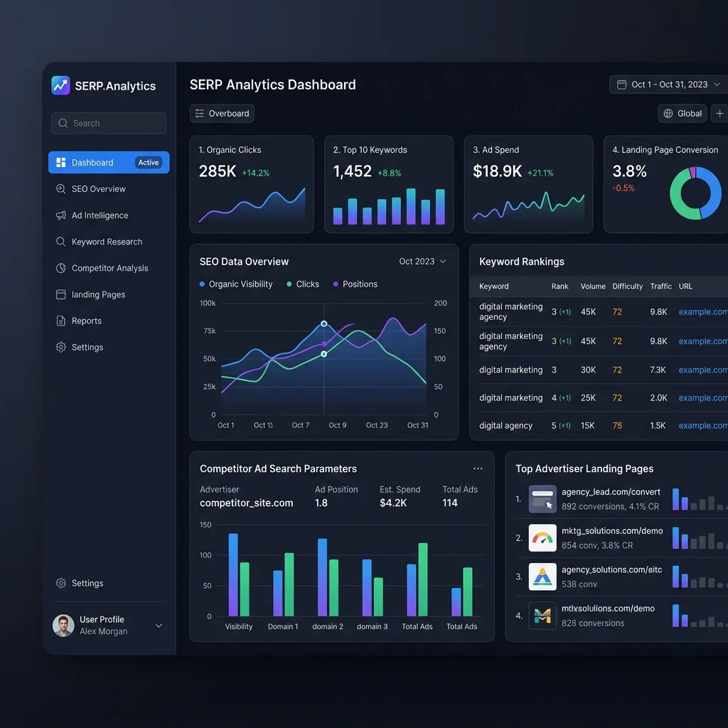 SaaS dashboard displaying SEO query parameters and keyword data inside Anstrex review