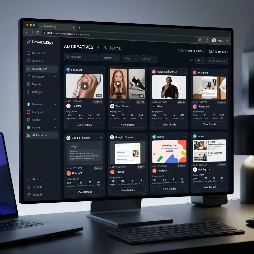 PowerAdSpy dashboard of the native ads spy tool
