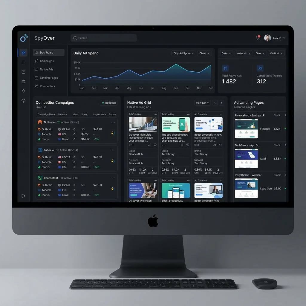 SpyOver dashboard of the native ads spy tool